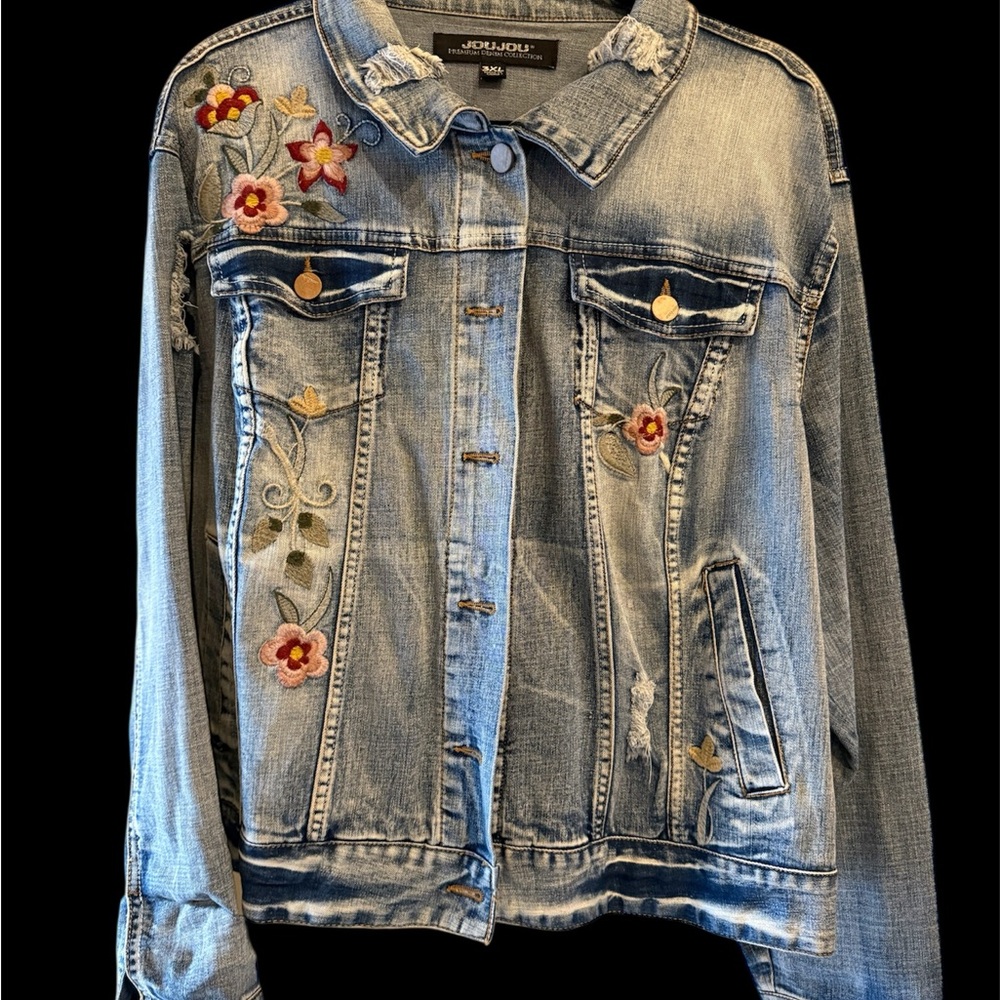 Jou Jou Light Blue Jean Jacket with Floral Embroidery